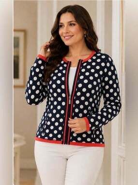 Navy Polka Dot Zip Cardigan with Coral Trim S